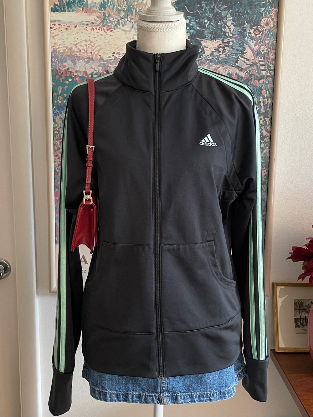 Adidas Track Jacket Womens Medium Black Green Stripe Full Zip Athletic Sporty